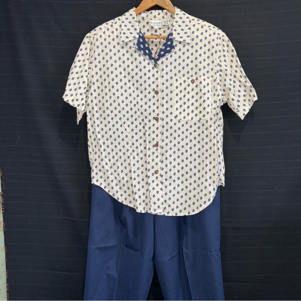 Russ Petites womens ivory blue 2 pc set outfit pants & s/s button front shirt 14